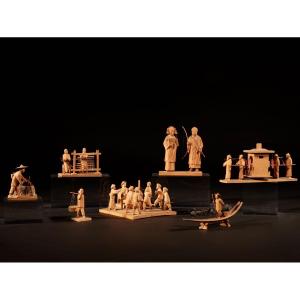 Interesting Collection Of 7 Chinese Wood Carvings Showing The Daily Life In China.