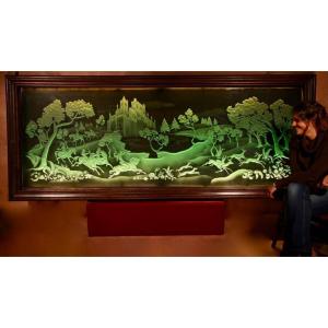 Falconry And Hunting Interest Magnificent Art Deco Illuminated Etched And Engraved Very Large