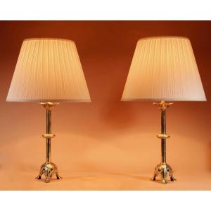 A Pair Of Fine Cast Brass Table Lamps, In The Early Gothic Style.