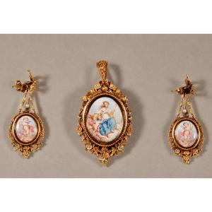 A Very Fine Antique Gold Demi-parure With Pearls And Enamel/ Porcelain Miniature Paint Work.