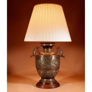 A Large Impressive Champlevé Japanese Bronze Table Lamp.