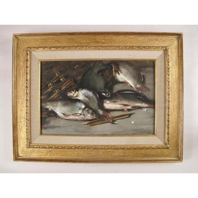 A Very Interesting And Rare Crayon Of An Angler’s Catch Of Coarse Fish And A Float. Signed And 