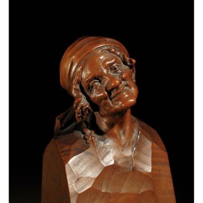 A Beautiful Finally Carved Signed Pear Wood Head Of An Old Woman, By Hermann Steiner Meran. 187