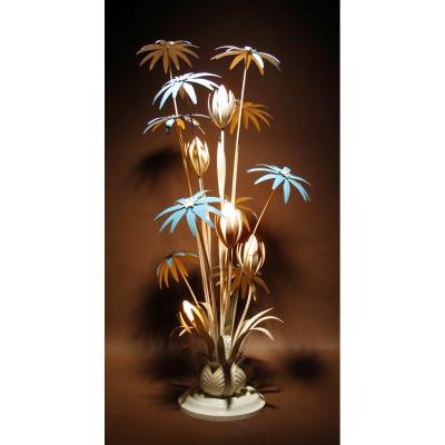 A Spectacular Metal Tole Floor Lamp With Flowers By Hans Kögl Germany