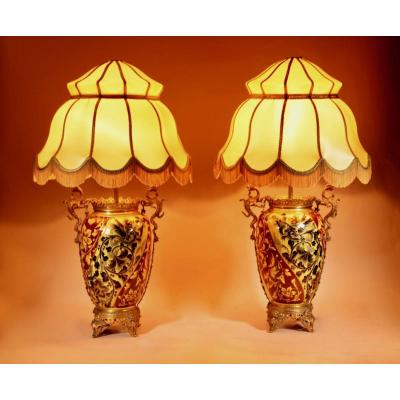 A Pair Of Spectacular And Beautiful Ceramic Hand Painted Paraffin Lamps.