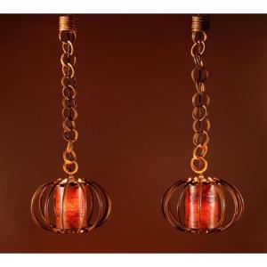 A Pair Of 1960s Very Decorative Rattan Hanging Lights.