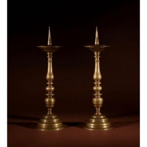A Beautiful Large Pair Of 17th Century Bronze Candlesticks Netherlandish Circa 1650