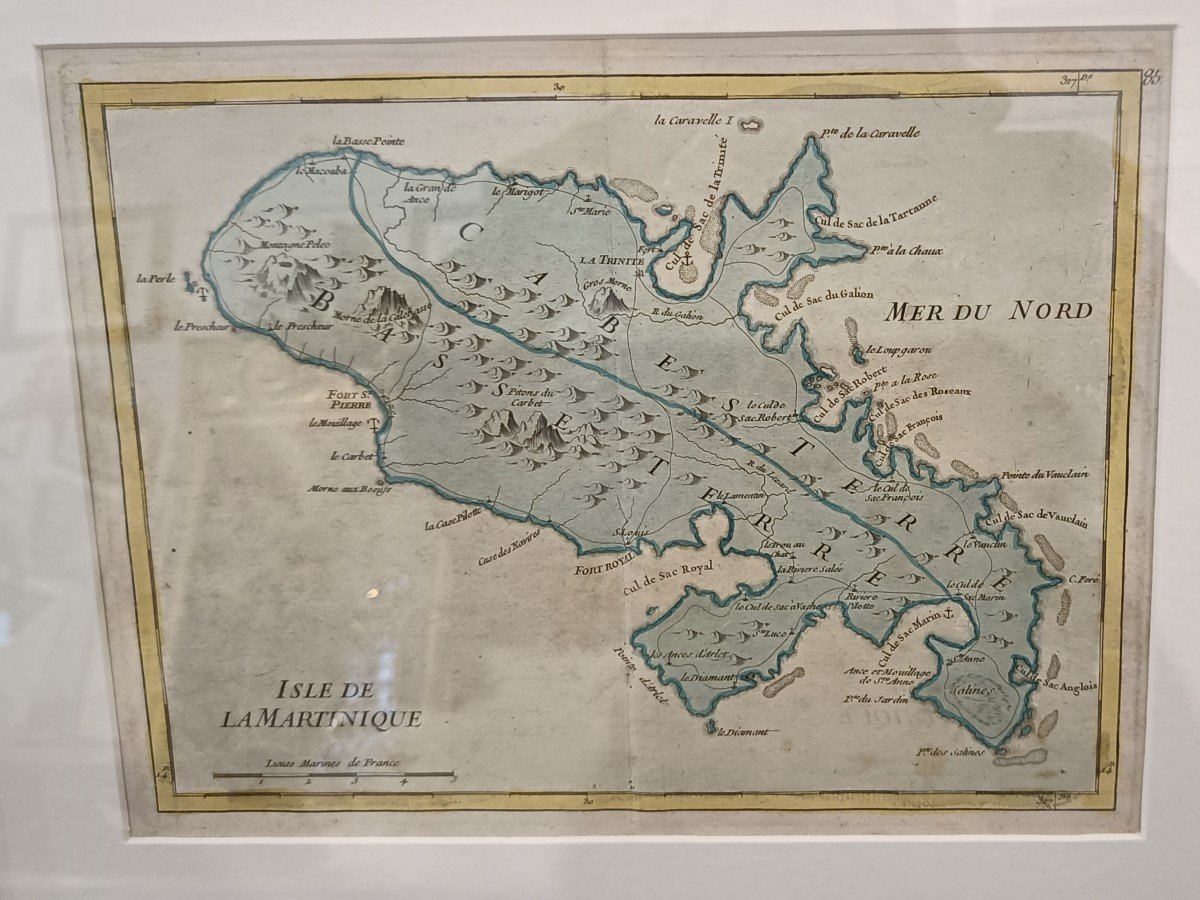18th Century Watercolor Map Of The Island Of Martinique Georges-louis Le Rouge, Pitchpin Framing-photo-2
