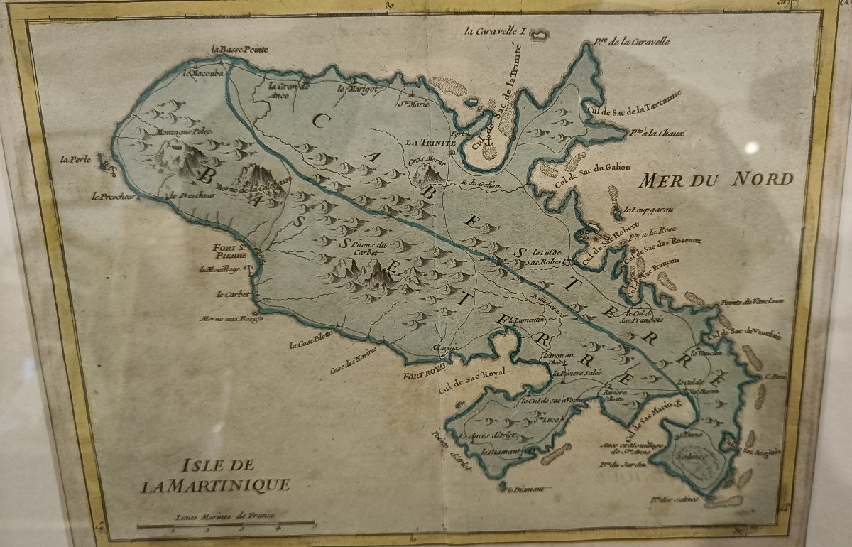 18th Century Watercolor Map Of The Island Of Martinique Georges-louis Le Rouge, Pitchpin Framing-photo-3