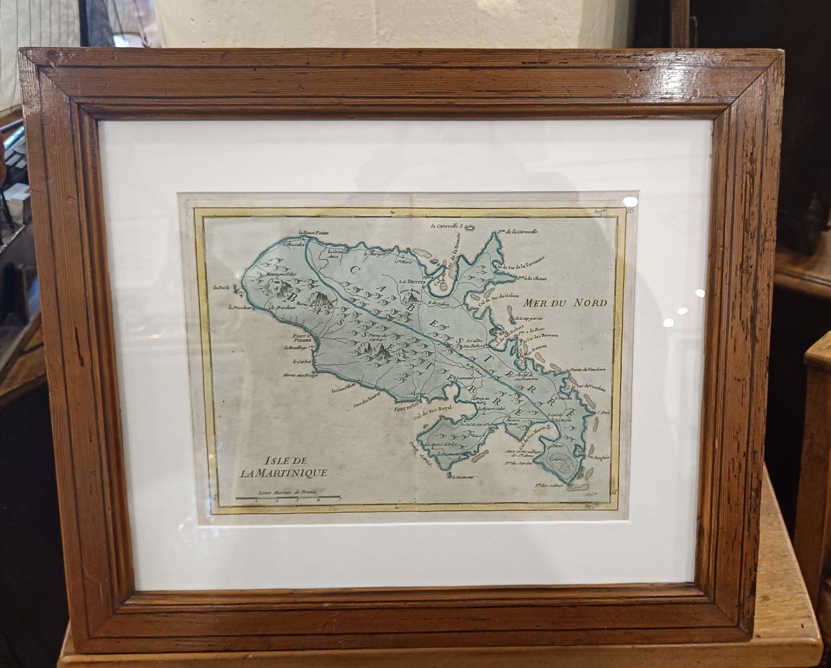 18th Century Watercolor Map Of The Island Of Martinique Georges-louis Le Rouge, Pitchpin Framing