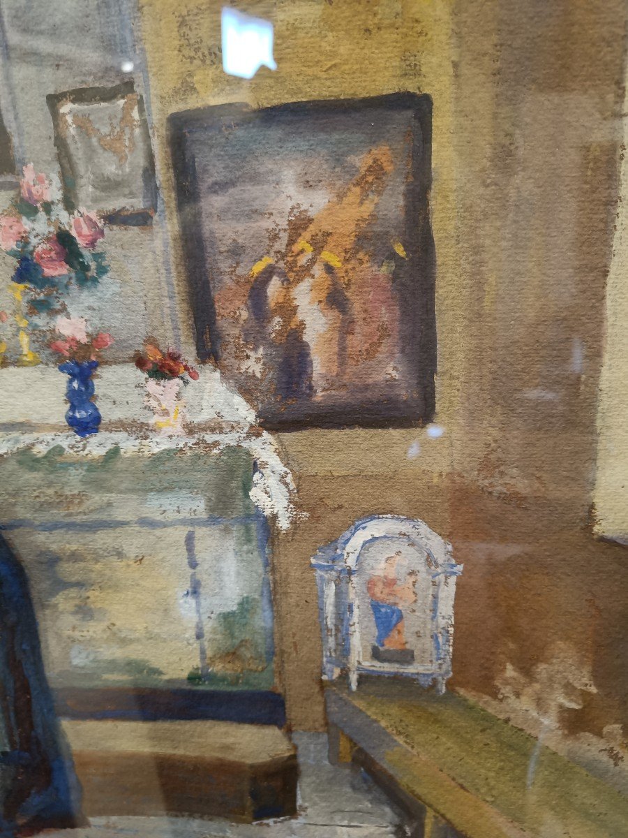 Grand Pastel, Scène Religieuse De Chapelle Par S.leconte,1925-photo-1