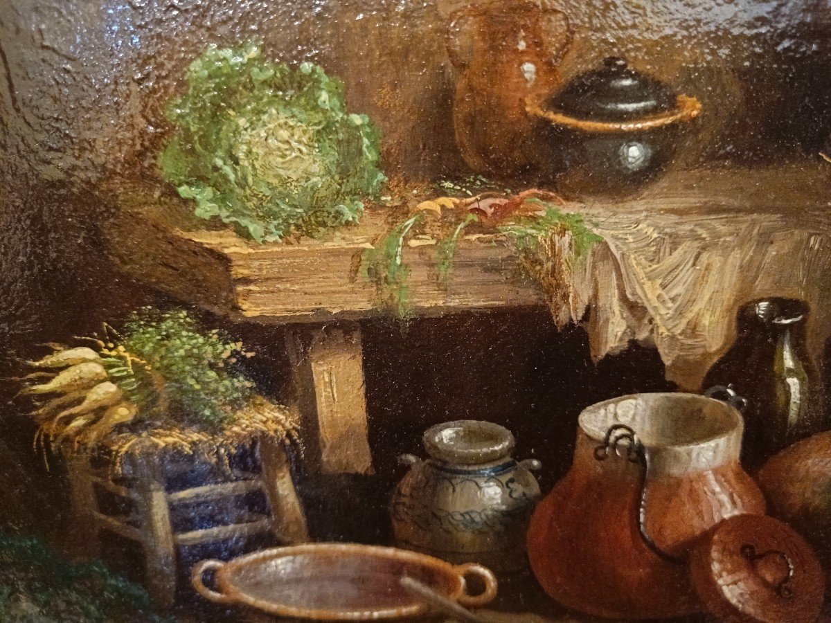 Prosper Ferey, Oil On Canvas, Kitchen Scene-photo-5
