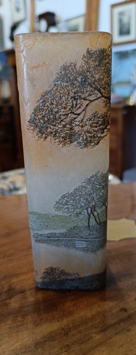 Petit Vase En Verre Dégagé à l'Acide Signé Legras, Paysage Lacustre-photo-2