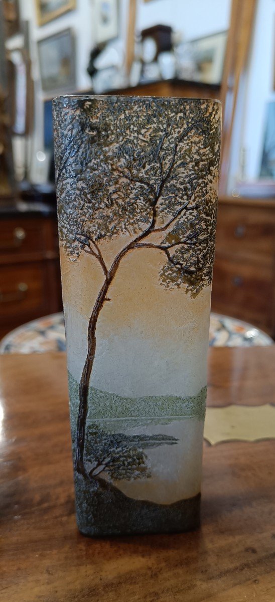 Petit Vase En Verre Dégagé à l'Acide Signé Legras, Paysage Lacustre-photo-4