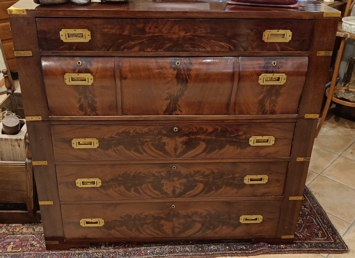 Officer's Secretary Chest Of Drawers, Called Marine, In Mahogany, Early 20th Century-photo-3
