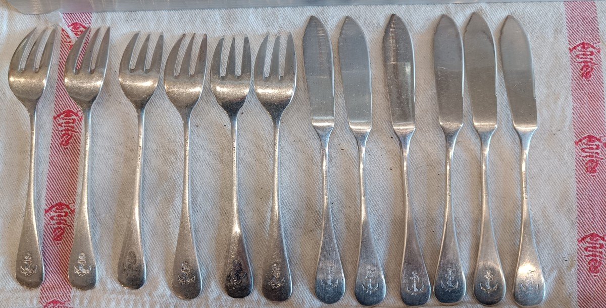 6 Marine Nationale Fish Cutlery, Christofle In Silver Metal