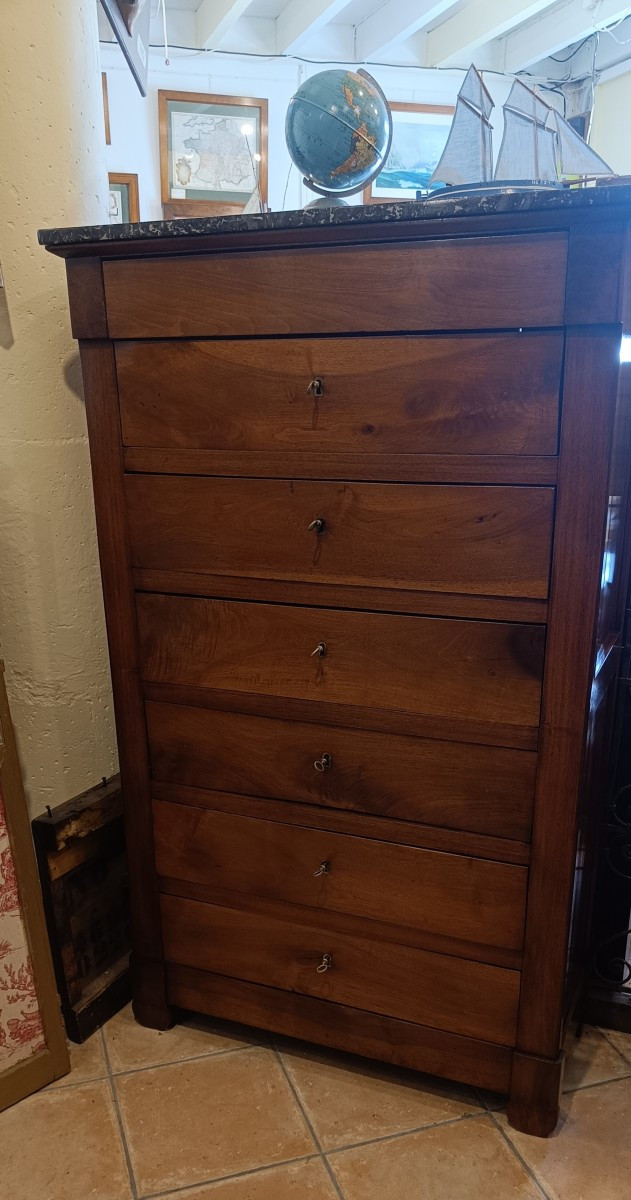 Restoration Chest Of Drawers In Solid Walnut And Marble Top
