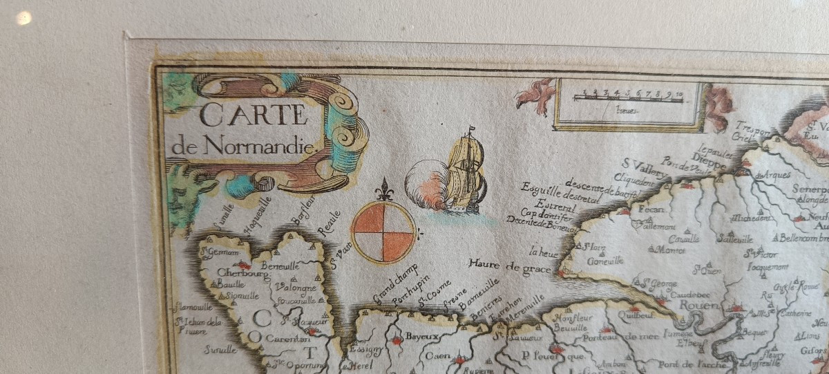 Carte Tassin 1634 aquarellée Normandie et encadrée-photo-3