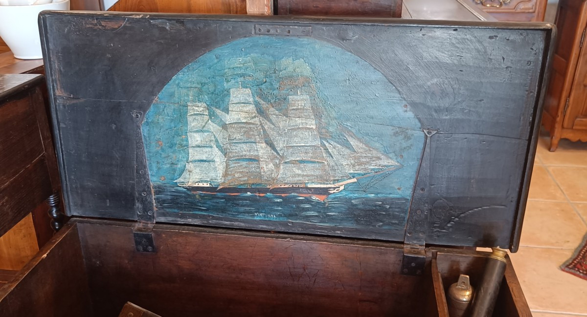 19th Century Sailor's Chest With Seamanship And Boat Painting-photo-2