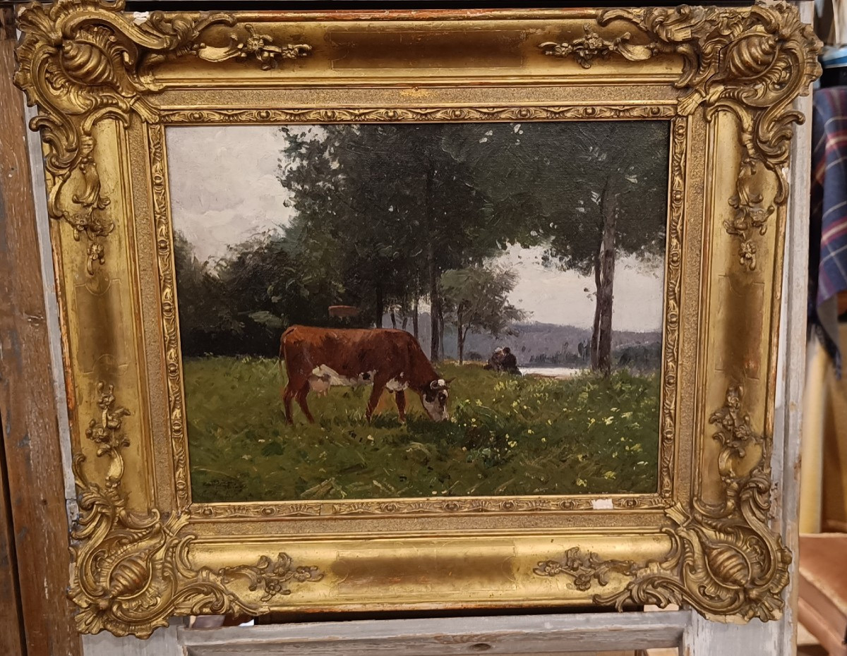 Oil On Canvas "rural Scene With Cow"