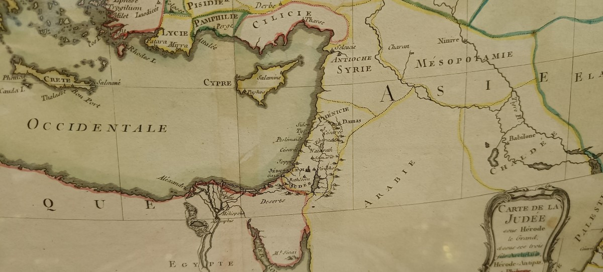 Carte 18ème encadrée des régions du Nouveau Testament, Jérusalem, Terre Sainte, Grèce, Orient -photo-1