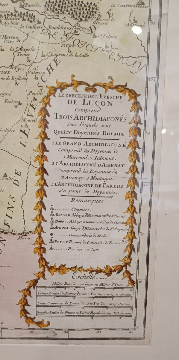 Carte 17ème aquarellée et encadrée de l'Evêché de Luçon, Vendée -photo-1
