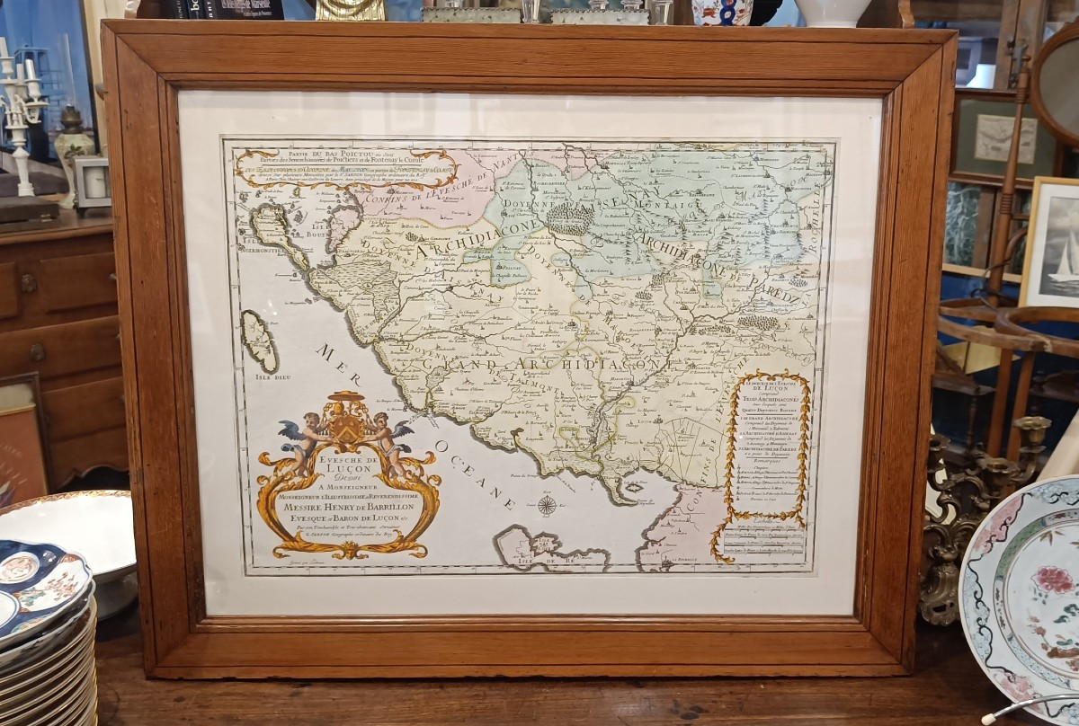 Carte 17ème aquarellée et encadrée de l'Evêché de Luçon, Vendée 