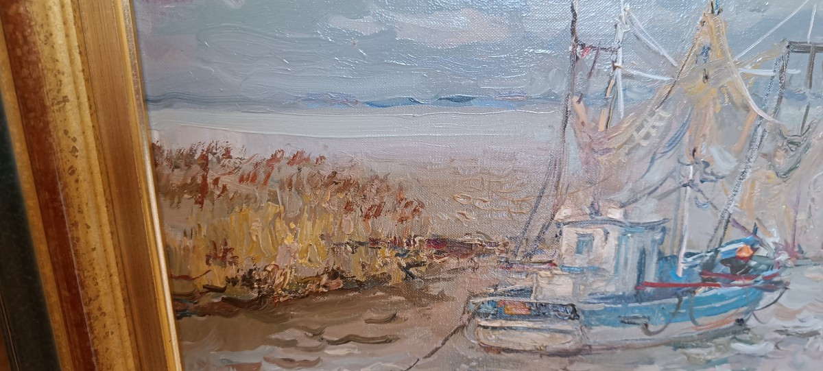 Huile sur toile "Port de la Maréchale, Médoc" de Jean RIGAUD-photo-4