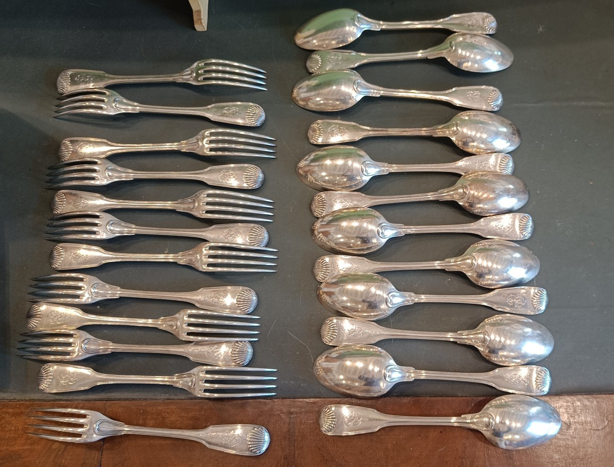 Set Of 12 Solid Silver Place Settings, Silversmith Henin & Cgnie, Shell Decorations -photo-2