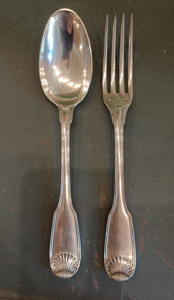 Set Of 12 Solid Silver Place Settings, Silversmith Henin & Cgnie, Shell Decorations -photo-4