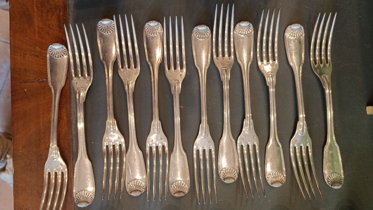 Set Of 12 Solid Silver Place Settings, Silversmith Henin & Cgnie, Shell Decorations -photo-2