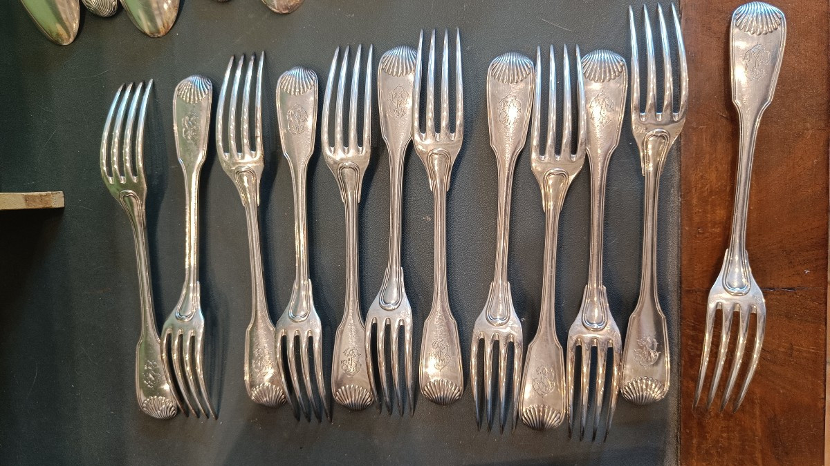Set Of 12 Solid Silver Place Settings, Silversmith Henin & Cgnie, Shell Decorations -photo-4