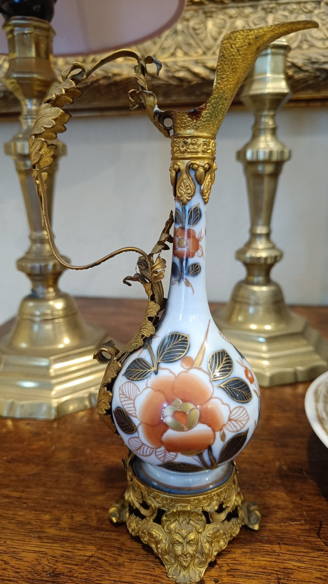 Petite Aiguière en Porcelaine de Bayeux et laiton, décors Imari, Période Langlois-photo-1