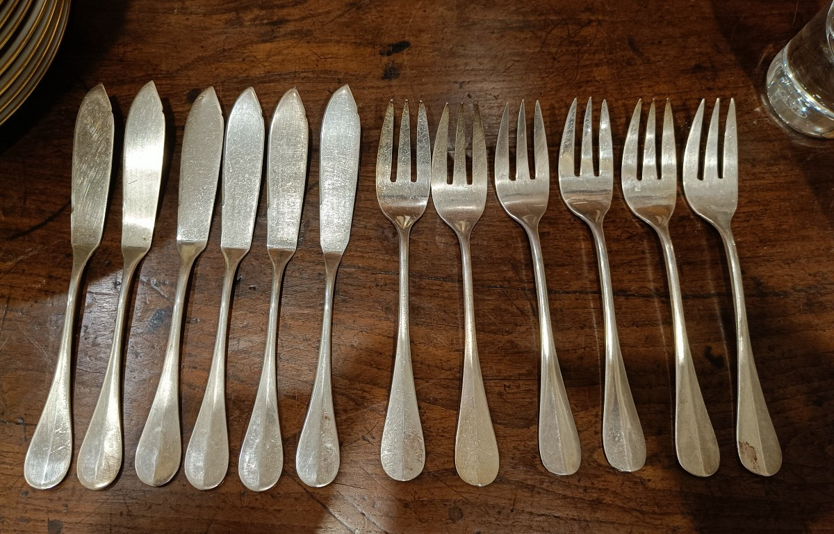 6 French Navy Fish Cutlery Sets, Christofle Silver-plated Metal-photo-2