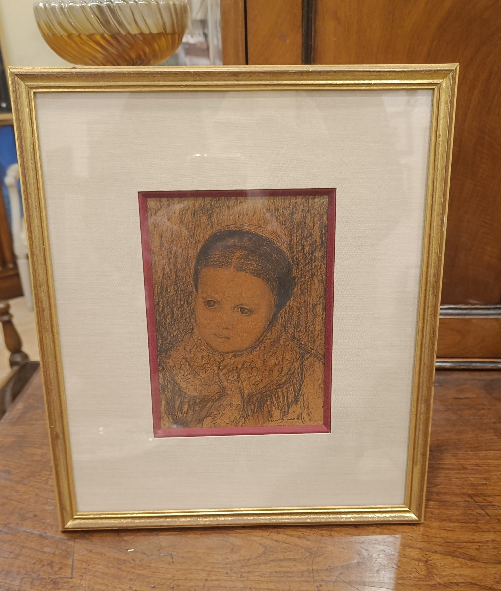 Framed Drawing Of A Little Girl By Henry Simon, Vendée Painter