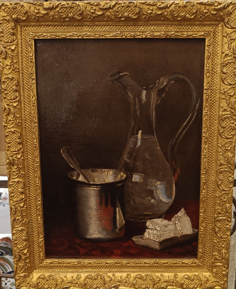 Small Oil On Canvas Depicting A Still Life With A Carafe, Tin, And Cheese-photo-2