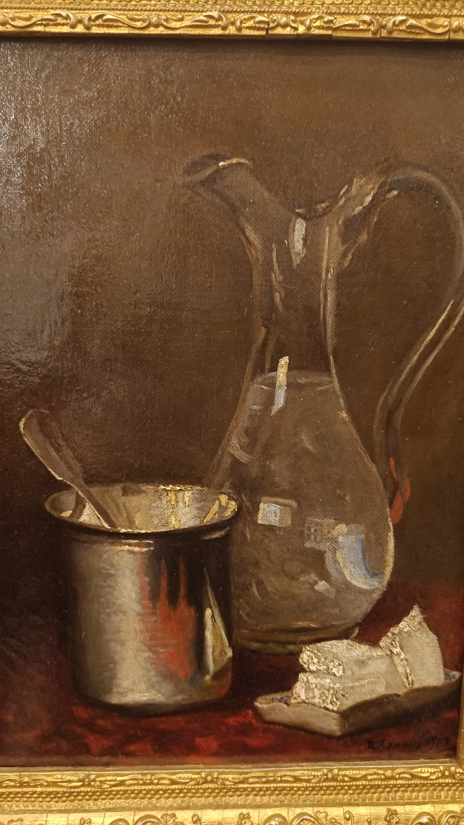 Small Oil On Canvas Depicting A Still Life With A Carafe, Tin, And Cheese-photo-3