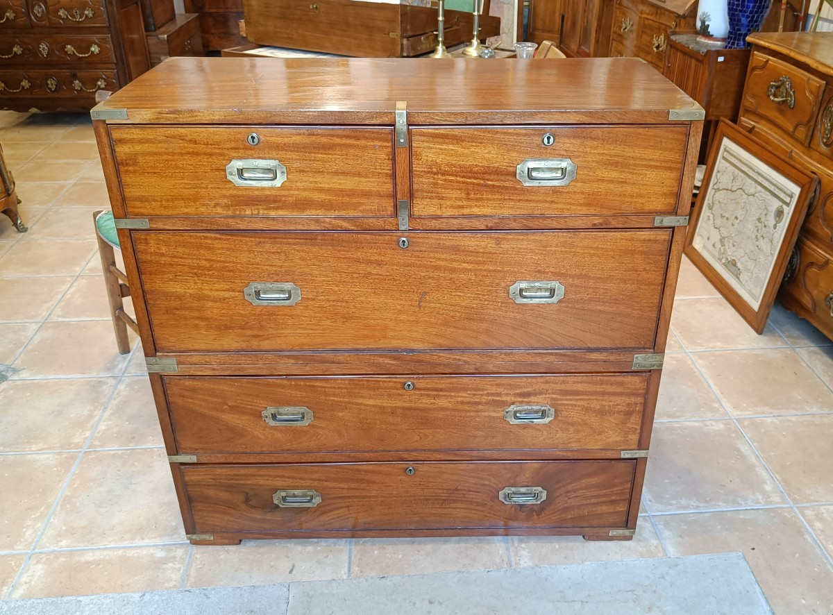 Officer's Chest Of Drawers, Known As A Naval Chest, Late 19th Century, In Mahogany-photo-2