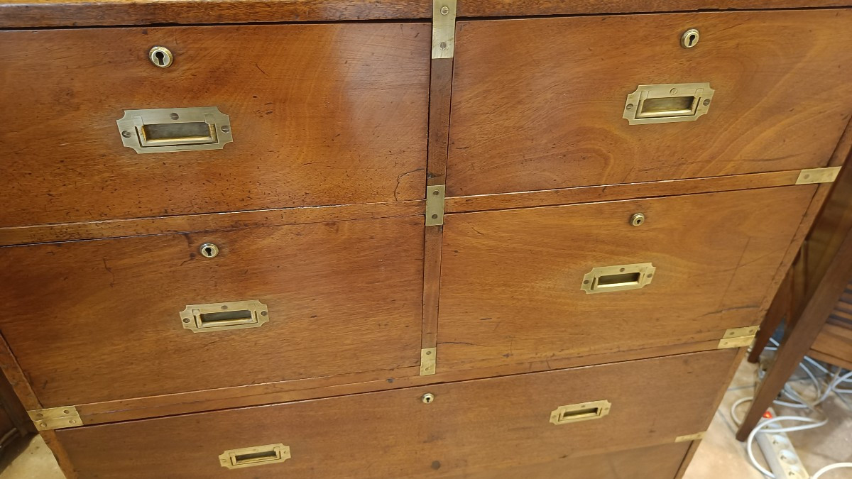 Late 19th-century Officer's Chest Of Drawers, Also Known As A Naval Chest, Made Of Solid Mahogany.-photo-1