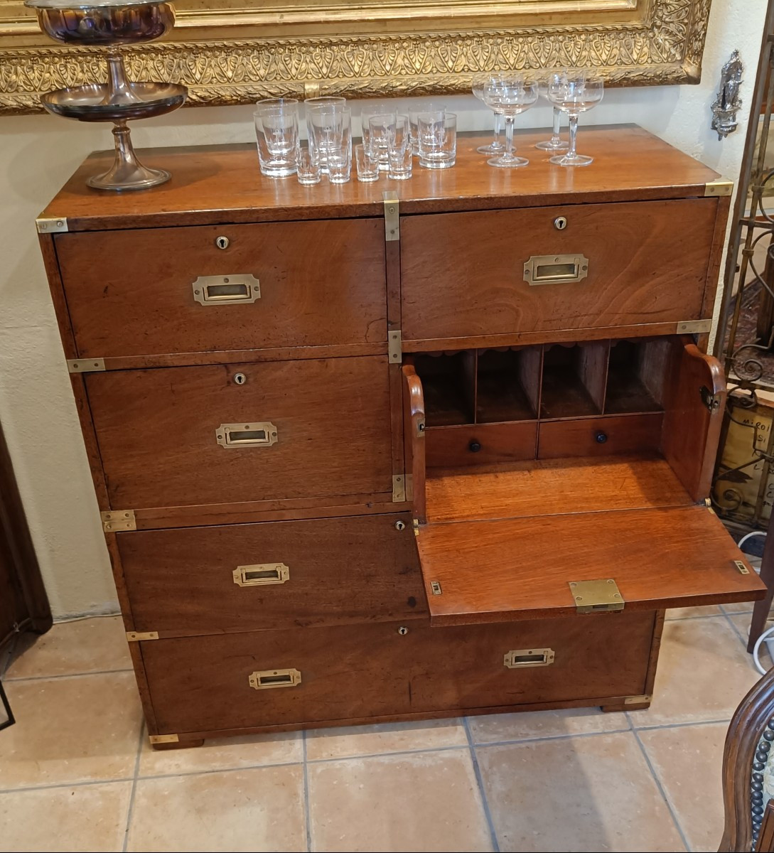 Late 19th-century Officer's Chest Of Drawers, Also Known As A Naval Chest, Made Of Solid Mahogany.