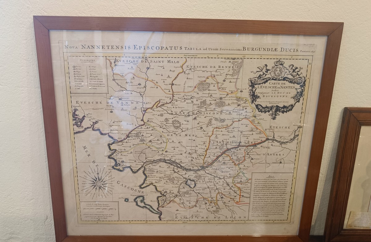 Carte aquarellée et encadrée du 17ème de H.JAILLOT du diocèse de Nantes