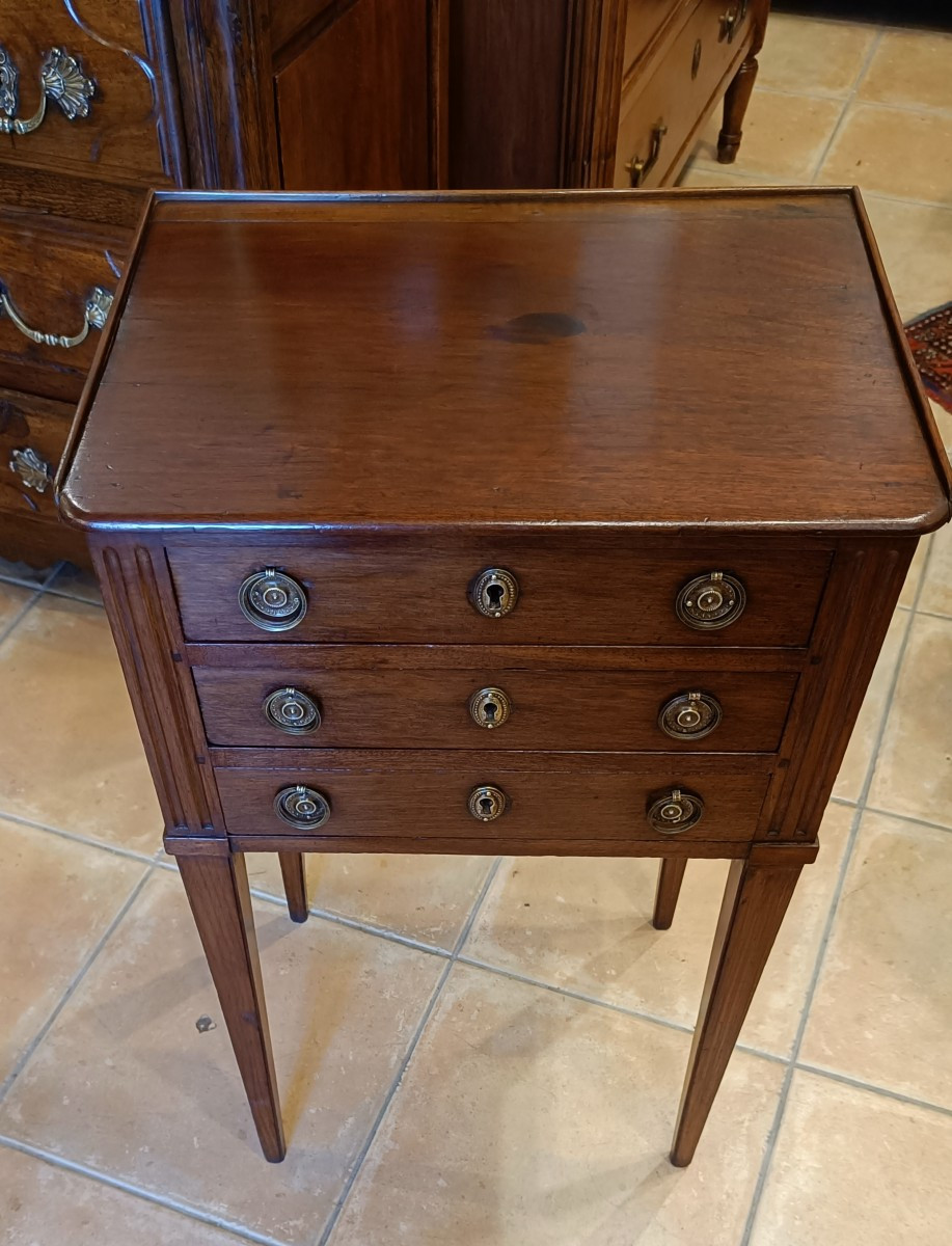 Louis XVI Style Bedside Table In Solid Mahogany With 3 Drawers, Late 18th Century-photo-2