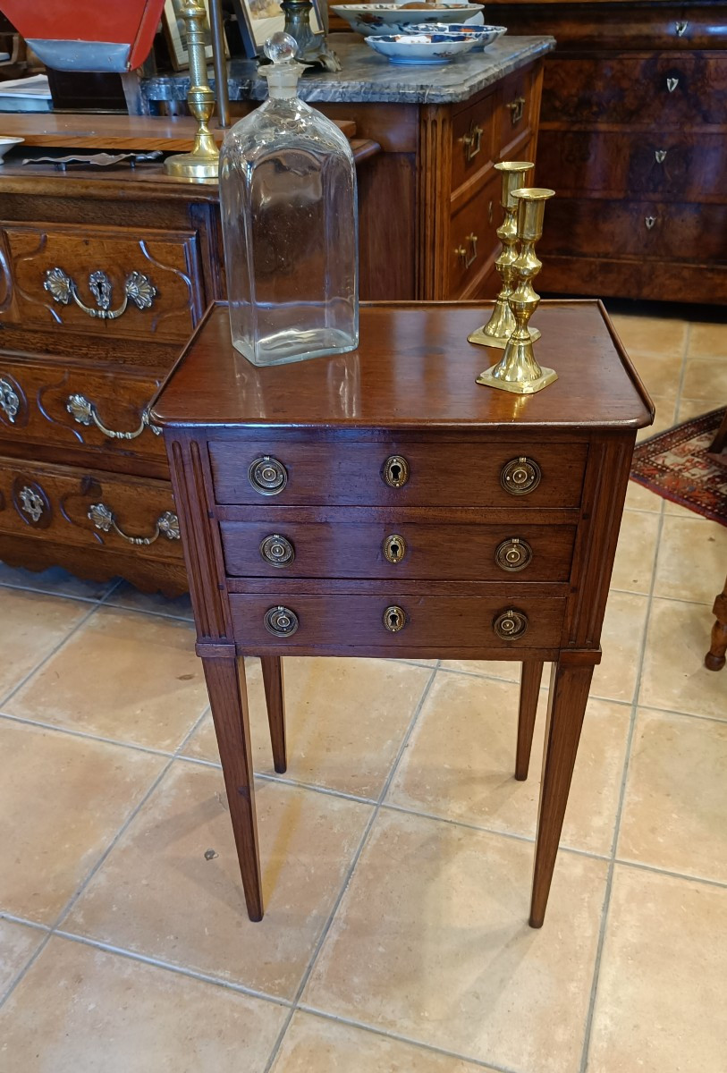 Louis XVI Style Bedside Table In Solid Mahogany With 3 Drawers, Late 18th Century