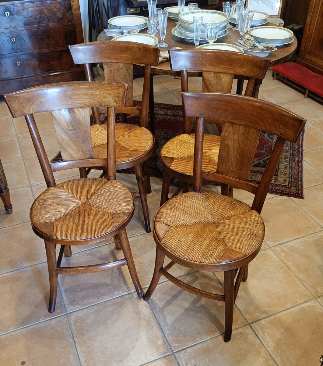 Série de 4 Chaises Paillées 19ème en Merisier