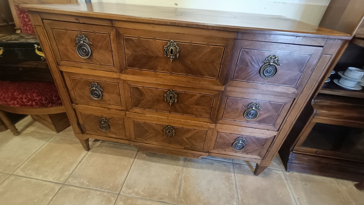 Commode Louis XVI en noyer et marqueterie fin 18ème-photo-4
