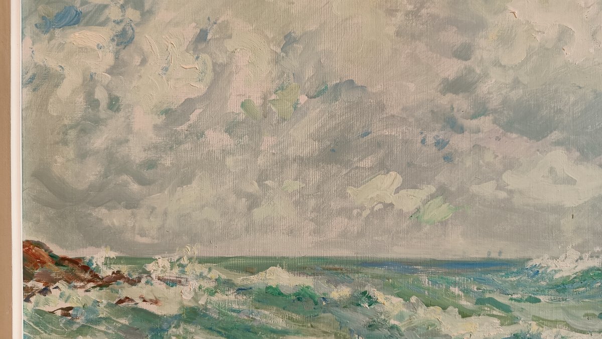 Oil On Canvas, Seascape By Pierre Bertrand, Official Painter To The Navy-photo-2