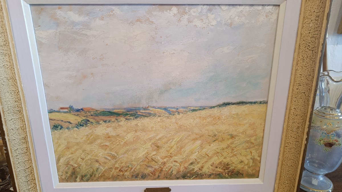 Huile sur carton "Champs de blé" Pierre Bertrand, peintre officiel de la marine-photo-2