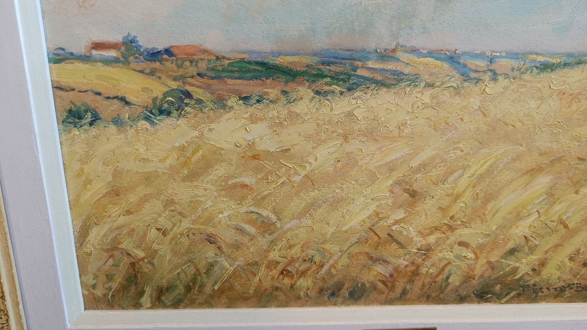 Huile sur carton "Champs de blé" Pierre Bertrand, peintre officiel de la marine-photo-1
