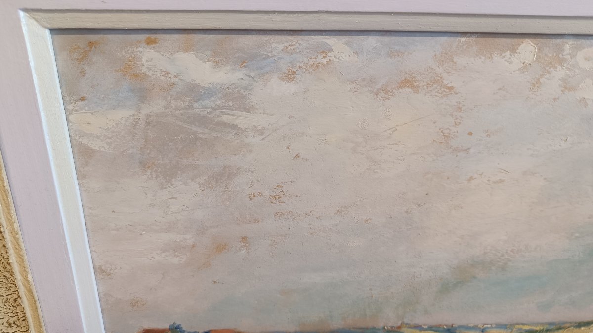 Huile sur carton "Champs de blé" Pierre Bertrand, peintre officiel de la marine-photo-3