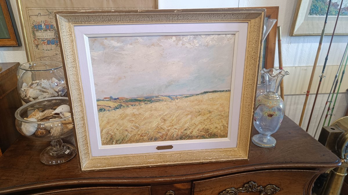 Huile sur carton "Champs de blé" Pierre Bertrand, peintre officiel de la marine